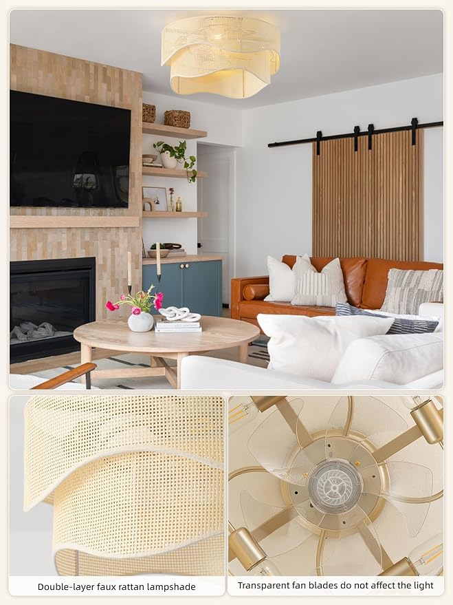 Flush Mount Ceiling Fan with Lights, 20" Low Profile Boho Ceiling Fan with Light Remote Control, Caged Rattan with 6 Speeds for Bedroom, Nursery, Living Room