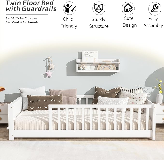 Twin Toddler Floor Bed with High Rails, Wooden Montessori Bed Frame with Built-in Book Rack, Twin Size Bed Frame for Kids, Boys and Girls, White