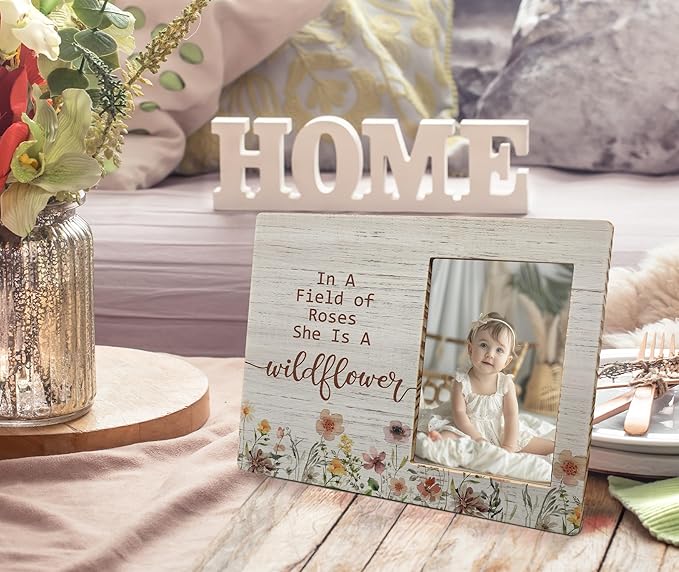 Baby Girl Picture Frame, Gifts for Daughter, In a Field of Roses She Is a Wildflower Picture Frames, Girl Photo Frame for Daughter Friend Girls, Inspirational Wood Photo Frame for 4x6 Photos