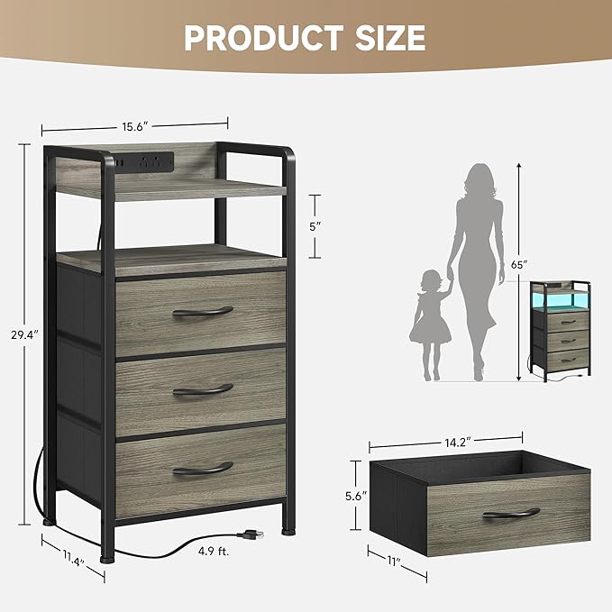 Night Stand with Charger Station - Grey Nightstand with LED Light Strip, Morden Bedside Table with USB Ports & AC Outlets, End Table with Storage Shelf & 3 Fabric Drawers