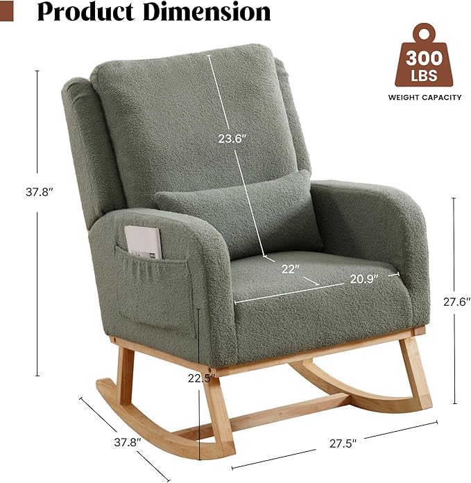 Rocking Chair Nursery, Sherpa Nursing Rocking Chairs, Upholstered Nursery Glider Rocker for Mom Nursery Morden Accent Rocking Chair with Lumbar Pillow for Living Room,Bedroom,Teddy Green