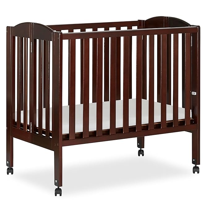 Dream On Me 2-in-1 Folding Portable Compact Mini Baby Crib in Espresso, GreenGuard Gold & JPMA, US Patented Flat Folding System, Locking Wheels,1″ Mattress Pad, Space-Saving Quck Fold Easy Storage