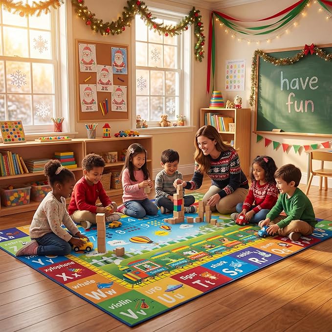 Unirea 6x9 Kids Rug for Playroom Classroom Bedroom, Washable Educational Play Mat with ABC Alphabet, Numbers, Animals for Living Room, Nursery, Colorful Learning Carpet for Toddlers, Rainbow