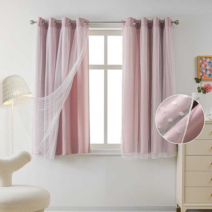 MYSKY HOME Pink Curtains for Girls Bedroom & Nursery Kids Blackout Cute Curtains 72 inch Long Double Layer with Polka Dots Sheer, Grommet Tops, 52" Wide, 2 Panels