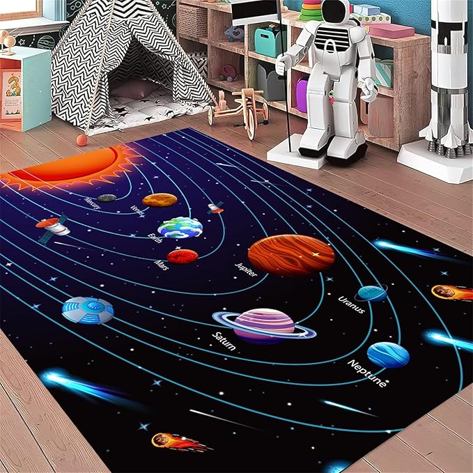 Cartoon Space Solar System Planet Area Rug,4x5ft,Outer Space Themed Rugs, Non-Slip Washable, Easy Care Rug, Suitable for Kids Playroom, Boys and Girls Room Decor