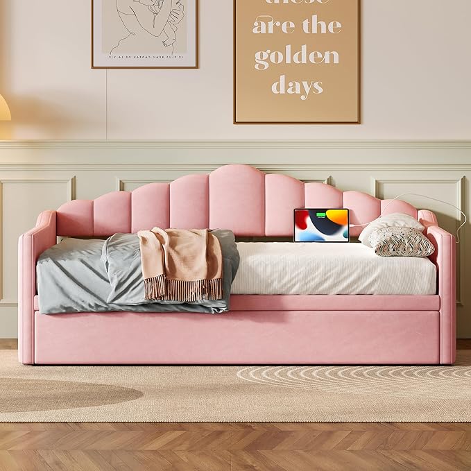SOFTSEA Twin Velvet Daybed with Pop Up Trundle, Upholstered Extendable Corner Bed with USB Ports & Storage Pockets, Twin to King Daybed Frame with Storage for Kids Teens Adults, Pink