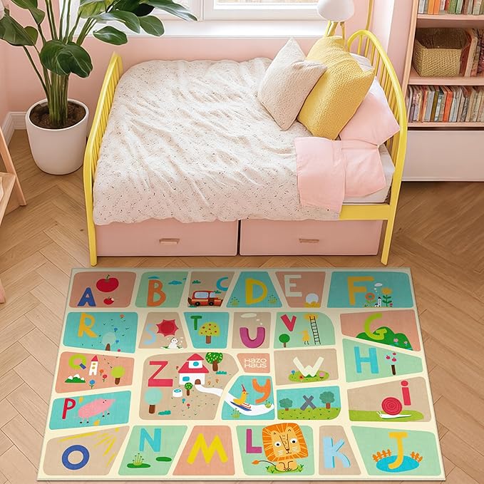 3x5 Preschool Alphabet Rug for Toddlers – Soft ABC Play Mat for Baby Learning, Educational Nursery Rug for Crawling, Reading Nook or Small Playroom – Cute Pastel Beige and Blue Letters Décor