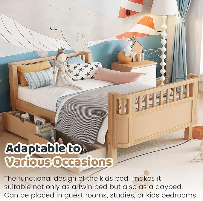 Twin Bed Frame with Rails for Kids, Wood Montessori Bed Twin with 2 Storage Drawers &Slats Support, Modern Daybed with Removable Bed Rails for Girls Boys Bedroom Living Room, Natural
