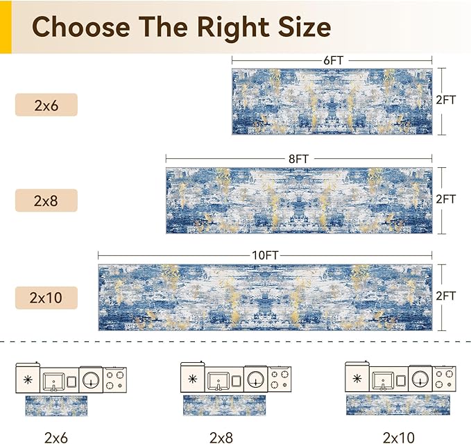 Washable Area Rugs 2'x6' Non-Slip Modern Abstract Soft for Living Room Entryway Bedroom Nursery, Print Pattern, Grey Blue Gold/Golden