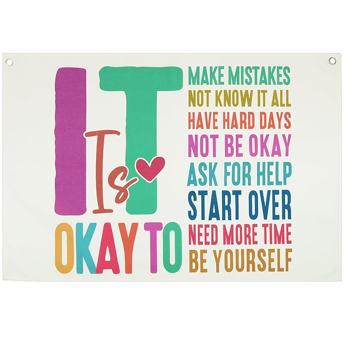 Mental Health Educational Growth Mindset-Boho Rectangular Banner Pennant Poster Flags-for Baby Boy Girl Room Home Playroom Classroom-Christmas Gift-It is Okay to Make-28.5x20 Inches