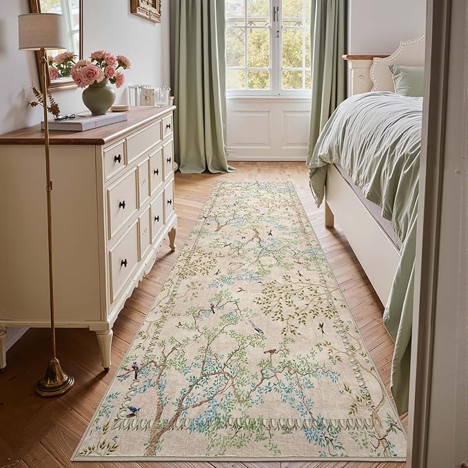 jinchan Yarden Beige Botanical Birds 3x10 Runner Rug for Hallway Washable Non Slip Soft Nature Plants Modern Runner Carpet Vintage Ultra Thin Low Pile Rug for Entryway Living Room Laundry