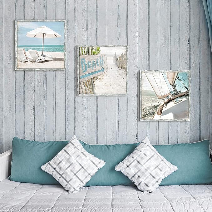Coastal Framed Wooden Wall Art: Ocean Pictures Sailboat Art Prints Beach Artwork Collection Set of 3 Seascape Decorations for Home