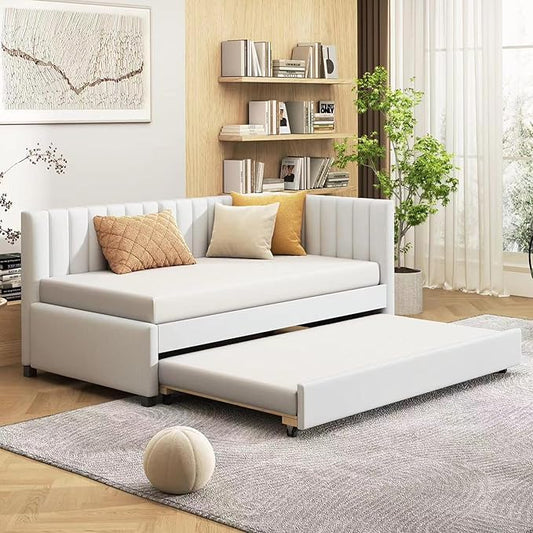 Harper & Bright Designs Upholstered Daybed with Trundle Twin Size Sofa Bed Frame No Box Spring Needed, Linen Fabric(Beige)