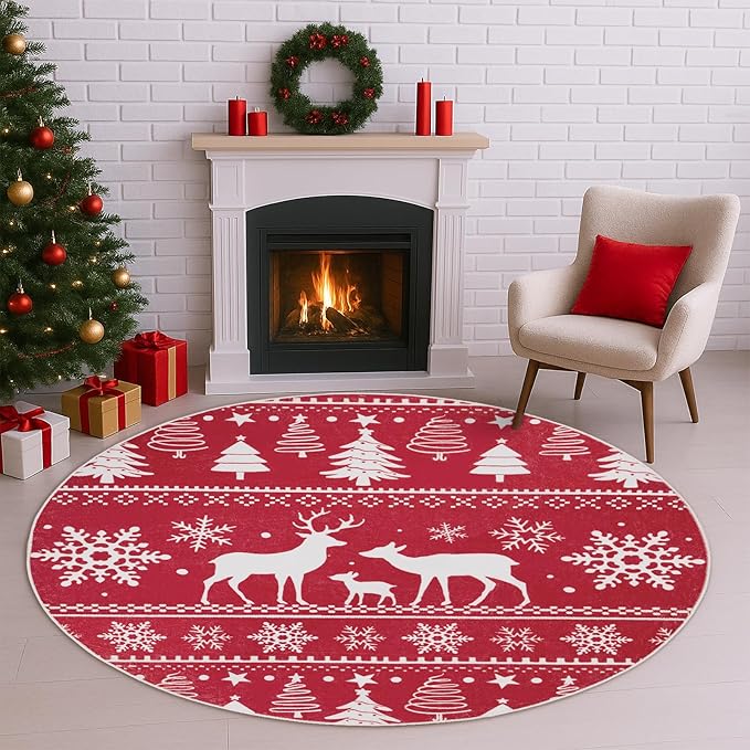 6' Machine Washable Christmas Round Area Rug, Non-Slip Vintage Floral Circle Floor Rugs for Kids, Low Pile Room Carpet for Living Room, Bedroom, Dining Room & Nursery(6' Elk)