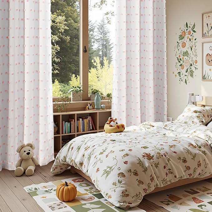 MYSKY HOME 100% Blackout Curtains for Girls Bedroom 90 Inch Long Total Light Blocking Curtains for Living Room 2 Panels Room Darkening Back Tab Double Layer Drapes with Pink Pom Pom Sheer 52W x 90L
