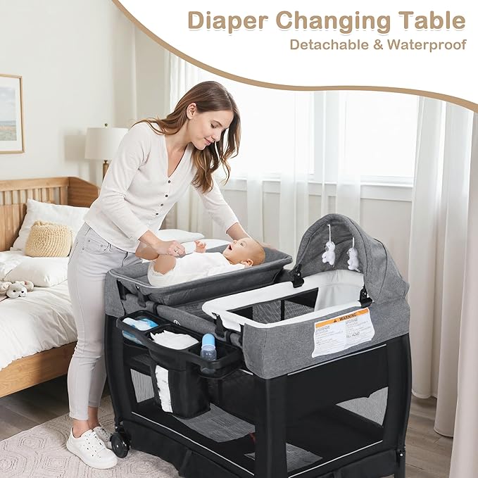 4 in 1 Multifunctional Pack and Play, Foldable Baby Playards with Changing Table & Breathable Mesh, Baby Playpen for Babies and Toddlers, Black