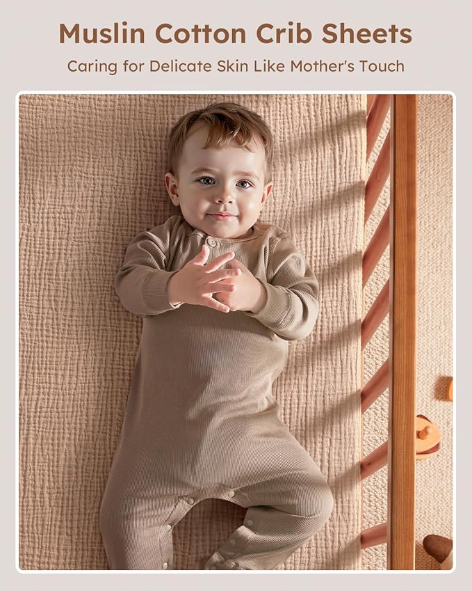 Muslin Crib Sheets for Boys Girls, 100% Cotton Fitted Crib Sheet 2 Pack for Standard Crib and Toddler Mattress, Breathable Soft Baby Sheet 28x52x8in Beige & Brown