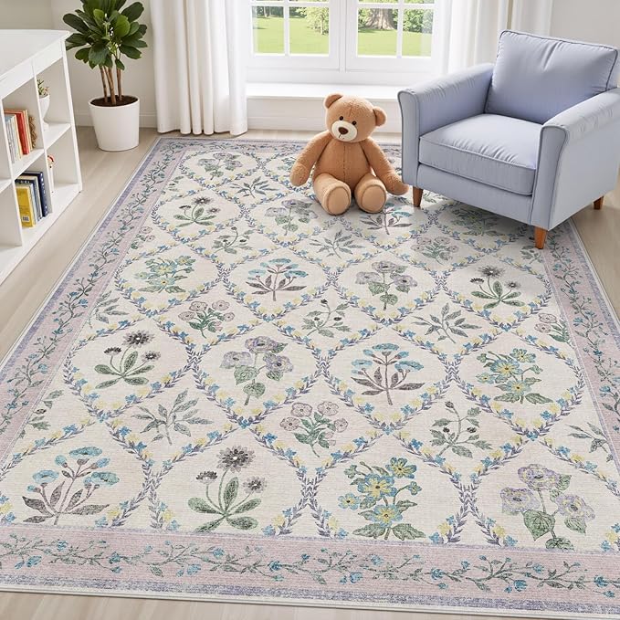 Purple Rugs for Bedroom Girls, 4x6 Boho Floral Washable Area Rug Non Slip, Soft Indoor Decor Elegant Carpet for Kids Room Nursery Living Room Dining Room, Purple Grey