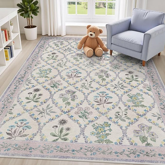 Purple Rugs for Bedroom Girls, 4x6 Boho Floral Washable Area Rug Non Slip, Soft Indoor Decor Elegant Carpet for Kids Room Nursery Living Room Dining Room, Purple Grey