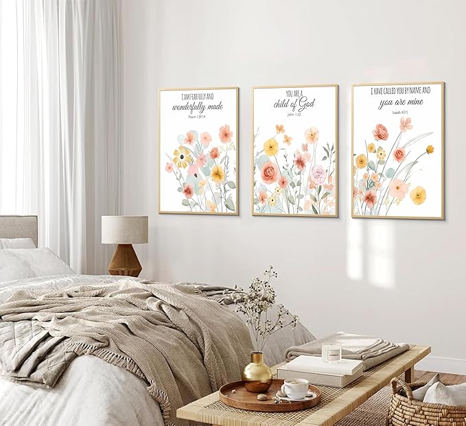 Esejchiam 3pcs Christian Floral Wall Art Wildflowers Bible Verse Canvas Wall Decor Boho Floral Paintings Prints Poster for Living Room Bedroom Home Decorations Unframed