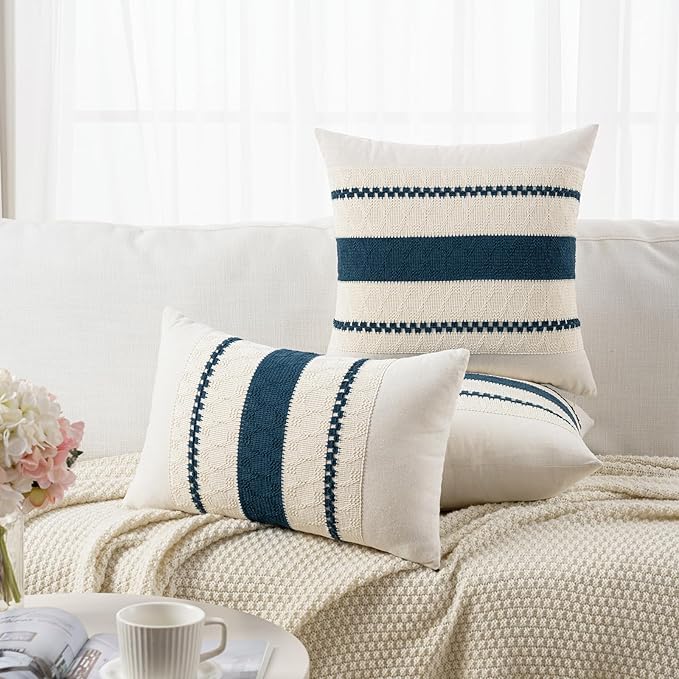 Fancy Homi Set of 2 Boho Teal Euro Decorative Throw Pillow Cover 26x26 Inch for Couch Bed Bedroom, Aesthetic Modern Organic Farmhouse Room Decor, Soft Cotton Accent Macrame Woven Cushion Case