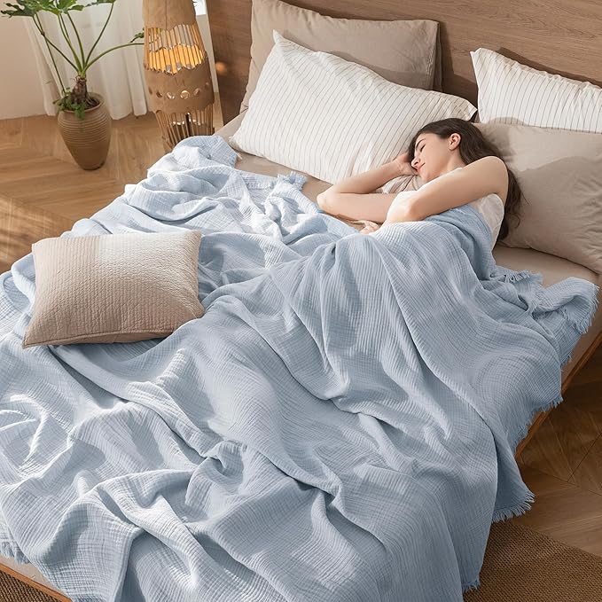 MooMee Muslin Blanket - 100% Cotton 4-Layer Gauze Throw Blanket with Tassels Ultra-Soft Breathable Lightweight Cooling for Bed Couch (Dusty Blue, Queen 90" x 90")