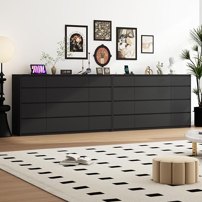 Black Malm Dresser for Bedroom, 63" Wide 37" Tall Dresser with 12 Drawers & Charging Station, Modern Large Wood Chest of Drawers Handle Free for Bedroom, Living Room, Entryway, Hallway, Black
