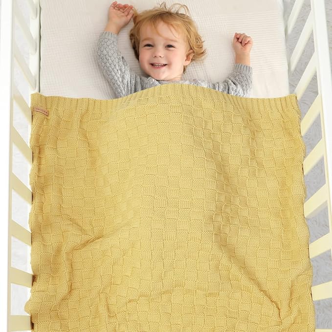 LAWKUL Baby Blankets Knit Cable Babe Blanket Soft Airy Newborn Infant Receiving Swaddle Yellow Neutral Crib Stroller 40"x30"