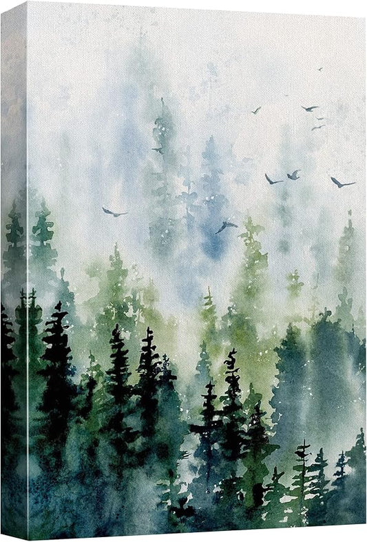 SIGNWIN Canvas Print Wall Art Woodland Nursery Decor Watercolor Pastel Pine Tree Bird Sky Nature Illustrations Modern Art Decorative Landscape Colorful for Living Room, Bedroom, Office - 12"x18"