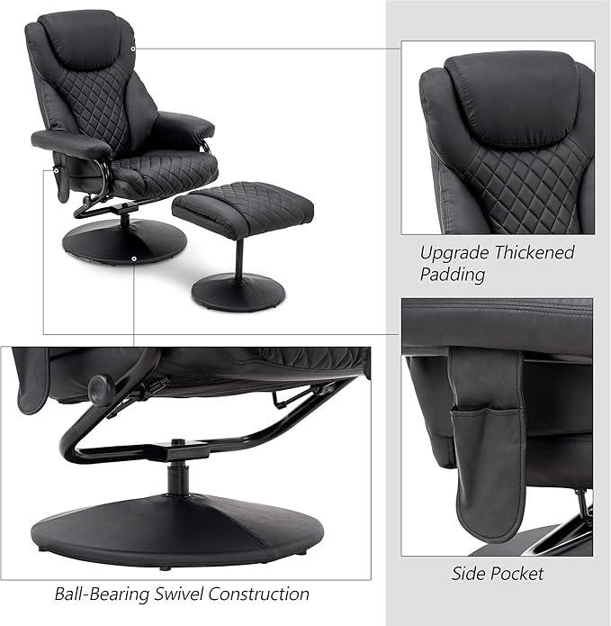 MCombo Recliner with Ottoman, Reclining Chair with Massage, 360 Swivel Living Room Chair Faux Leather, 4901 (Black)