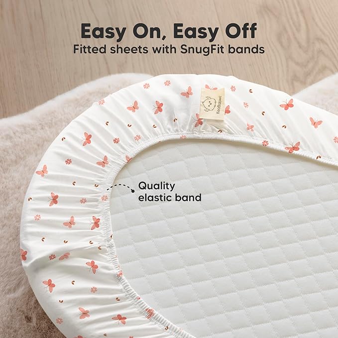 2-Pack Organic Bassinet Sheets for Girls, Boys - 100% Cotton Bassinet Mattress Sheets Compatible with Halo Bassinest Swivel Sleeper, Graco, Baby Delight, Chicco, Fitted Bassinet Sheets (Butterflies)