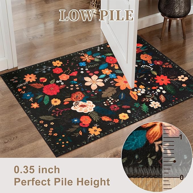 Tangsoo 2x3 Small Area Rug for Entryway, Non Slip Machine Washable Boho Floral Entry Rug, Soft Low Pile Throw Rugs Door Mat Indoor Entrance Floor Carpet for Bedroom Kitchen Bathroom, Kids Room(Black)