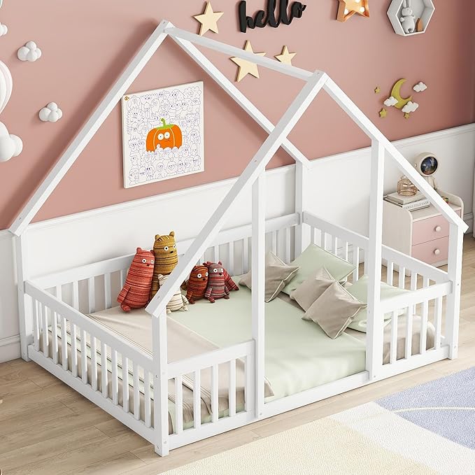 Bellemave Full Floor Bed for Kids, Girls, Boys, Wood House Bed Frame, House Floor Bed for Kids, Full Size Montessori Floor Bed with Fence, Playhouse, White