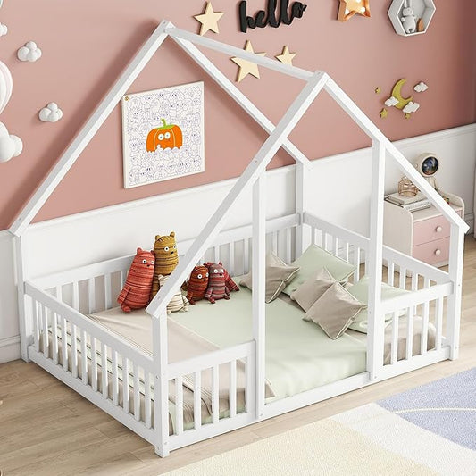 Bellemave Full Floor Bed for Kids, Girls, Boys, Wood House Bed Frame, House Floor Bed for Kids, Full Size Montessori Floor Bed with Fence, Playhouse, White