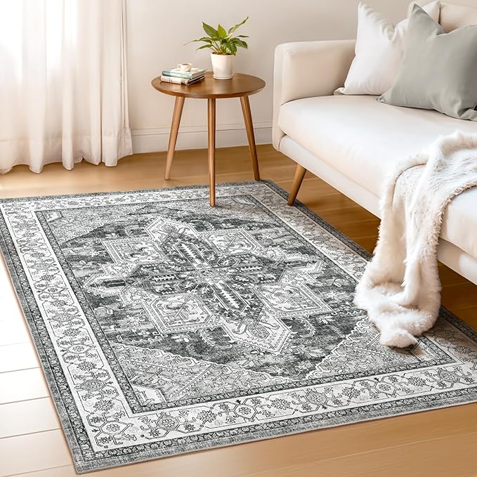WITSHOCK Living Room Area Rugs 3x5: Washable Rug Boho Soft Non-Slip Low Pile Stain Resistant Foldable Carpet for Bedroom Playroom Dining Room Office Kitchen Foyer Entryway, Farmhouse Home Decor-Gray