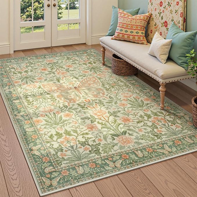 Collive Washable 6x9 Butterfly Area Rug, Boho Floral Rugs for Girls Room, Soft Non Slip Ultra Thin Insect Floor Carpet for Bedroom Living Room Playroom Nursery, Grass Green
