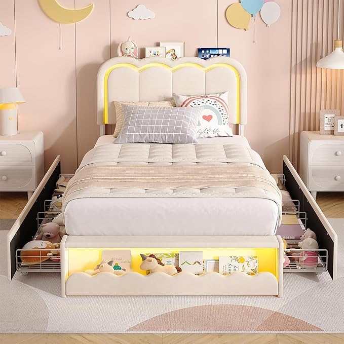 Maupvit Twin LED Bed Frame with Storage Headboard and 4 Drawers, Upholstered Platform Bed Frame with Bookcase, Velvet Princess Bed for Kids Girls, Charging Station, No Box Spring Needed, White