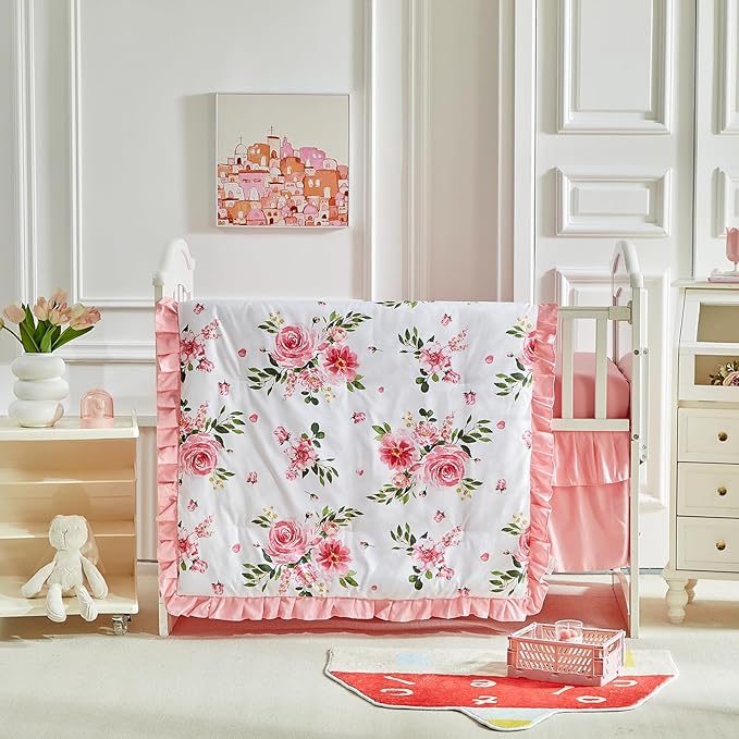 3 Pieces Flowers Mini Crib Bedding Set Baby Ruffled Quilted Comforter with Fitted Sheet and Bed Skirt - Cute Ruffled Shabby Chic Baby Bedding Soft Blanket Floral Design Only for Min Crib
