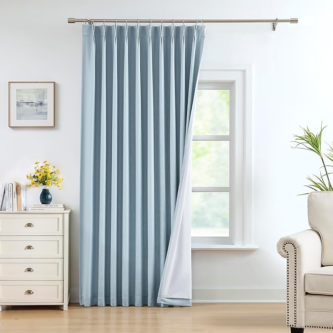 Pinch Pleated Blackout Curtain Panels with Full Blackout Liner Linen Texture Window Treatment Sets with Back Tab for Living Room Bedroom Thermal Insulated Drape with 12 Hooks, 60"x90"x1, Dusty Blue