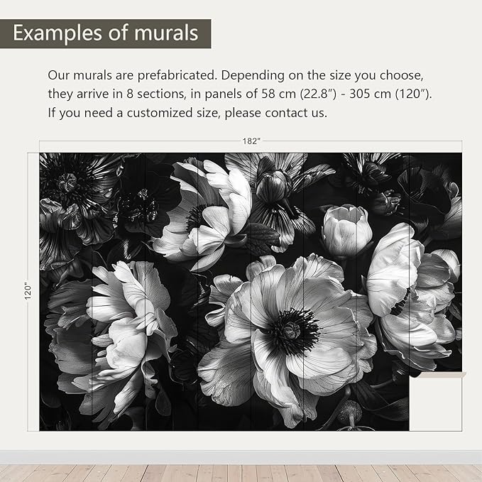 AFZEVEB-Black Peony Floral Wallpaper Vintage Large Flower Wall murals for Bedroom 182"x120"(Not Peel and Stick)