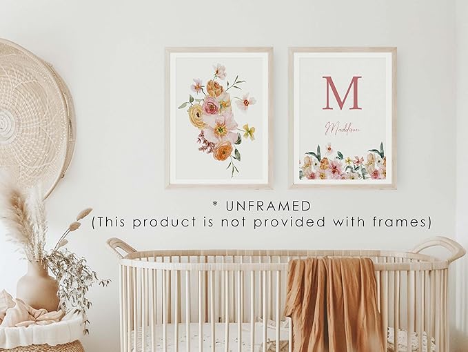 Personalized Name Flower Nursery Wall Art Prints, Crib & Nursery décor, Newborn Baby Girl Gift Present, Floral Baby Girl Room Pictures, Poster For Baby And Kids (3 Prints, Flower 8)