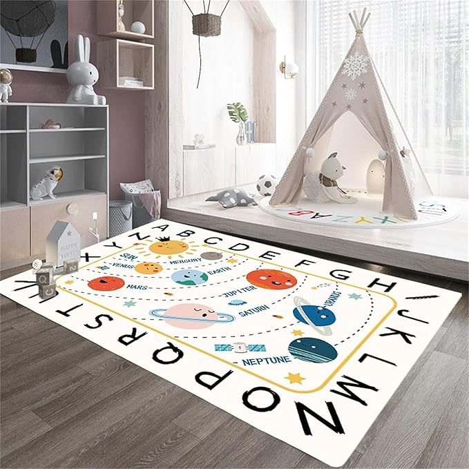 Solar System Kids Rug, Alphabet and Planet Carpet for Playroom 4x6, Children's Educational Play Mat ABC Rugs, Outer Space Play Rug