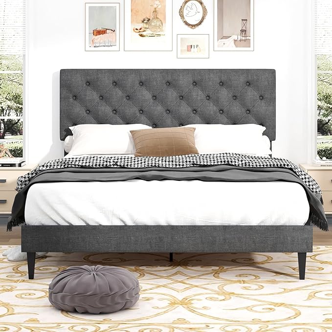 BarnFurin Queen Bed Frame, Upholstered Platform Bed with Button Tufted Headboard, Fabric Queen Size Beds with Wooden Slats Support, No Box Spring Required, Easy Assembly, Light Grey