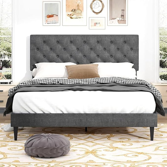 BarnFurin Queen Bed Frame, Upholstered Platform Bed with Button Tufted Headboard, Fabric Queen Size Beds with Wooden Slats Support, No Box Spring Required, Easy Assembly, Light Grey