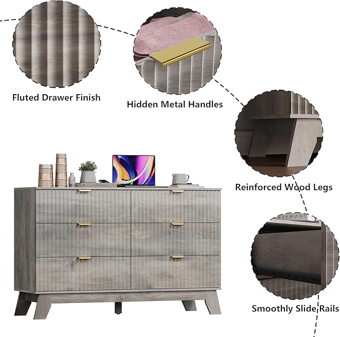 6 Drawer Dresser for Bedroom, Fluted Dressers Chest of Drawers with Gold Handle, Mid Century Modern Dresser for Closet, Wood Closet Storage Organizer Furniture for Bedroom, Living Room, Hallway, Grey