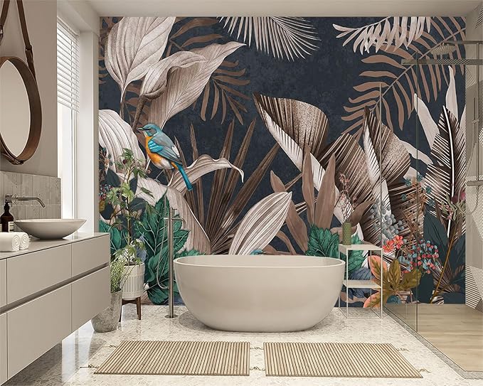 XMPMBM-Tropical Rainforest Plant Banana Leaf Fabric Wallpaper Botanical Leaf Birds Bedroom Bathroom Wall Mural-W 154" X H 105"（112 Square Foot）