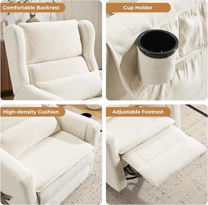 Swivel Rocker Recliner Chair with Adjustable Headrest,Rocking Recliner Chair for Nursery,Oversized Glider Rocking Chair with Double Cushion,Chenille,White