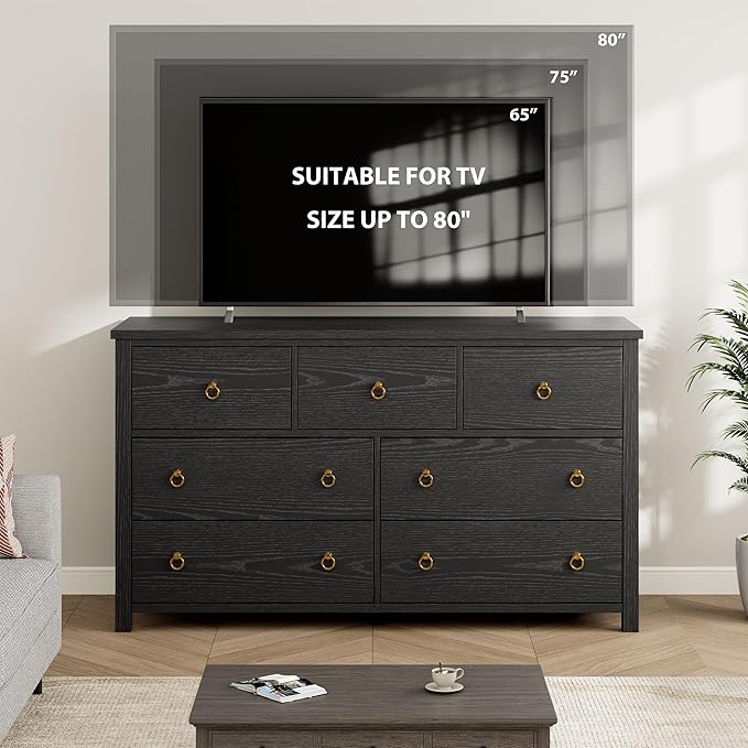 IDEALHOUSE Dresser for Bedroom with 7 Drawers, 54'' Wide Chest of Drawers with Large Clothes Storage Cabinet, Wood Bedroom Dresser, TV Stand for Nursery, Living Room, Hallway, Black