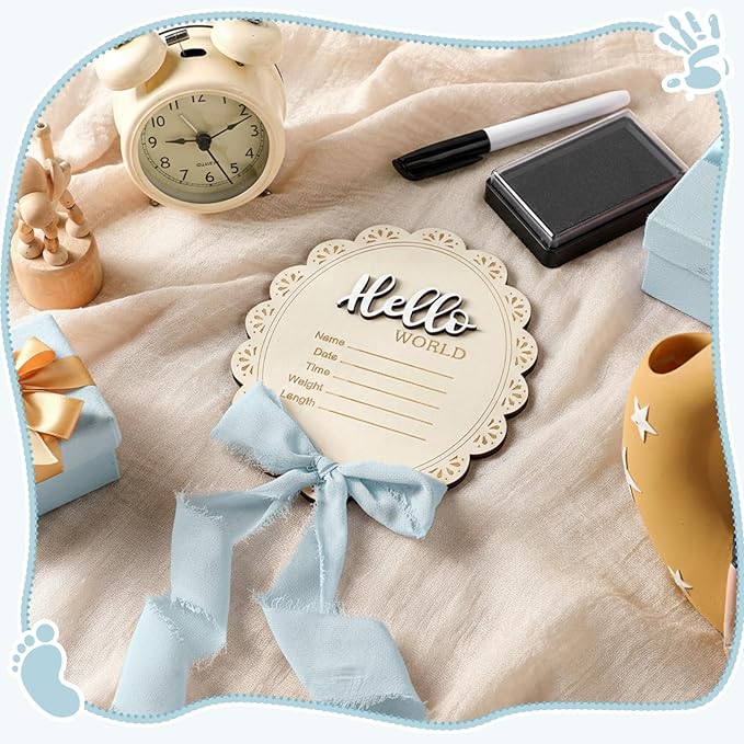Baby Announcement Sign 7 Inch Double Sided Wooden Hello World Newborn Engraved Sign with Organza Bag Marker Pen Ink Pad Ribbon Bow for Baby Shower Hand Footprints Photo Prop (Blue Bow)