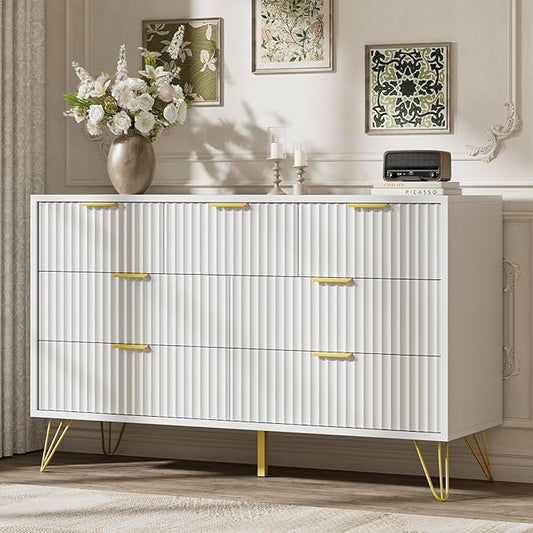 LYNSOM Fluted Dresser for Bedroom, White 7 Drawer Dresser with Gold Handles and Wide Drawers, Wood Chest of Drawers for Bedroom, Hallway